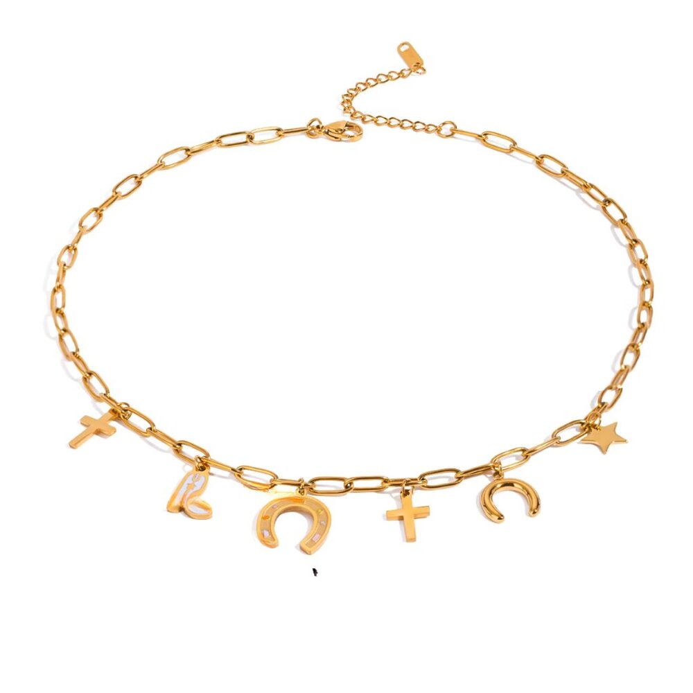 Vintage 18K Gold Plated Multi-Charm Cowgirl Pendant Necklace – (40+5cm)